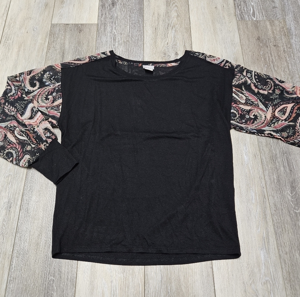 Chicos Relaxed Fit Blouse Paisley Sheer Sleeves Black Women's Small 0